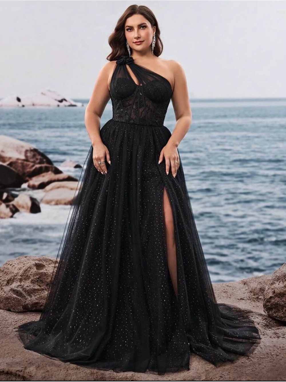 Black One-Shoulder Sequin Tulle Prom Dress